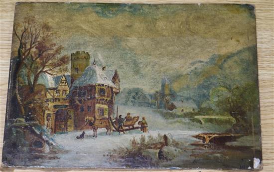 Harriett Dicken, oil on board, winter landscape with horsedrawn sleigh, 20 x 28cm, unframed